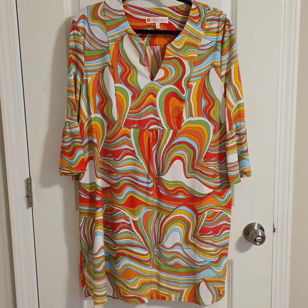 Jude Connally Kerry Psychadelic Swirl Dress Bell Sleeves Pockets Size L Large